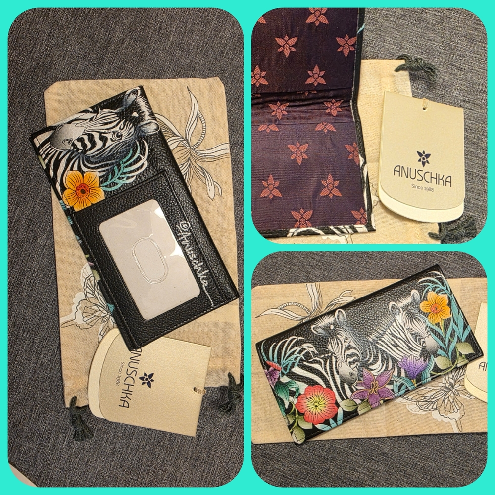 Anuschka Black Leather Wallet with Zebra and Floral Design